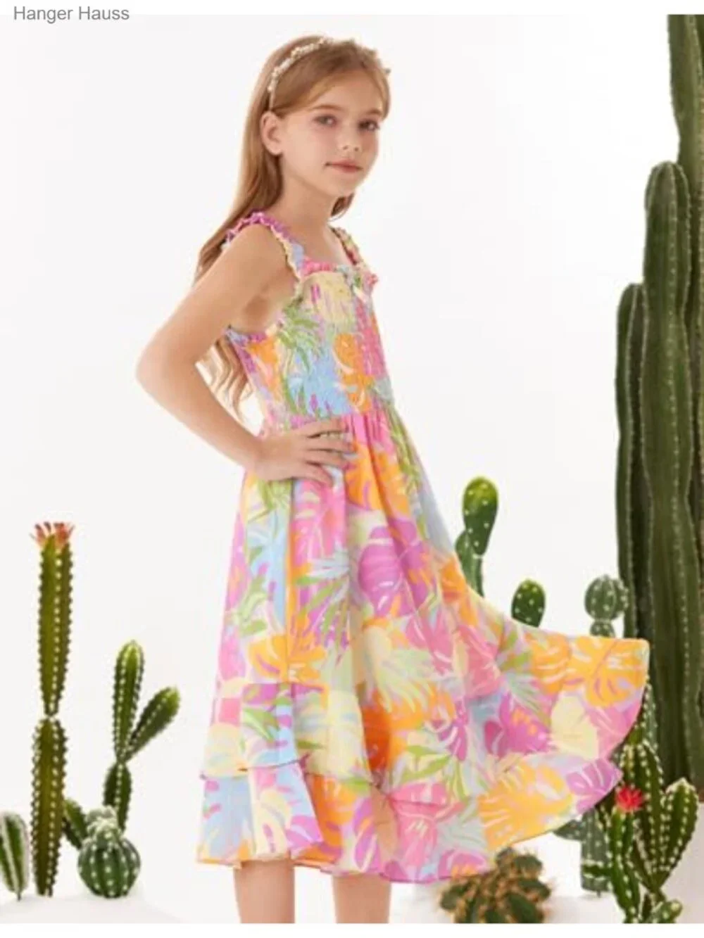 Girls Tropical Ruffle Maxi Dress Smocked Sleeveless Casual